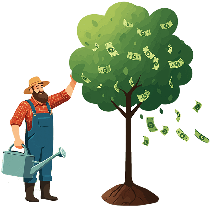 A farmer holding a watering can, proudly tending to a growing tree that is raining down money.